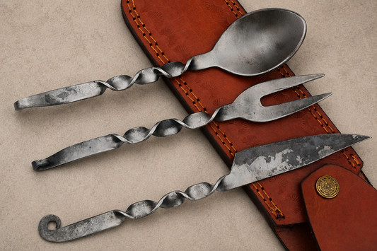 Hand Forged Medieval Feasting Utensil Set with Leather Pouch (3 Pieces)