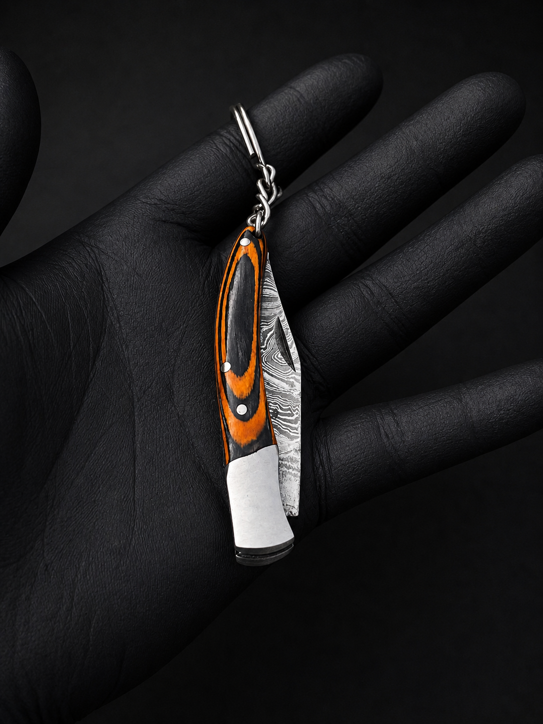 Hand Forged Damascus Steel Folding Knife Keychain – 3” Compact Knife with Wood & Steel Handle (512 Layers)