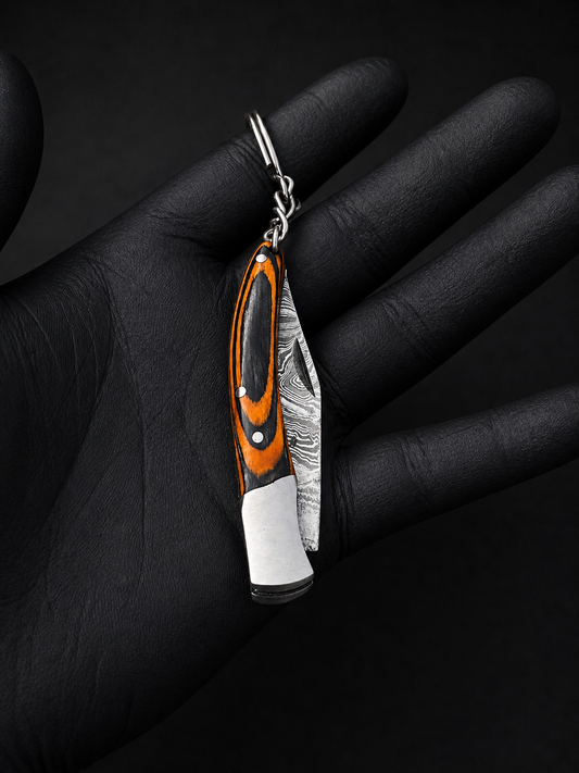 Hand Forged Damascus Steel Folding Knife Keychain – 3” Compact Knife with Wood & Steel Handle (512 Layers)