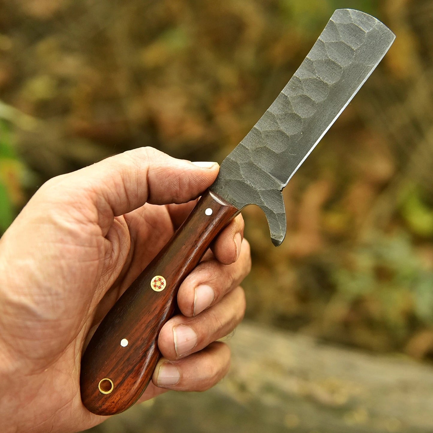 Hand Forged Railroad Steel Fixed Blade Knife with Wood Handle & Engraved Leather Sheath