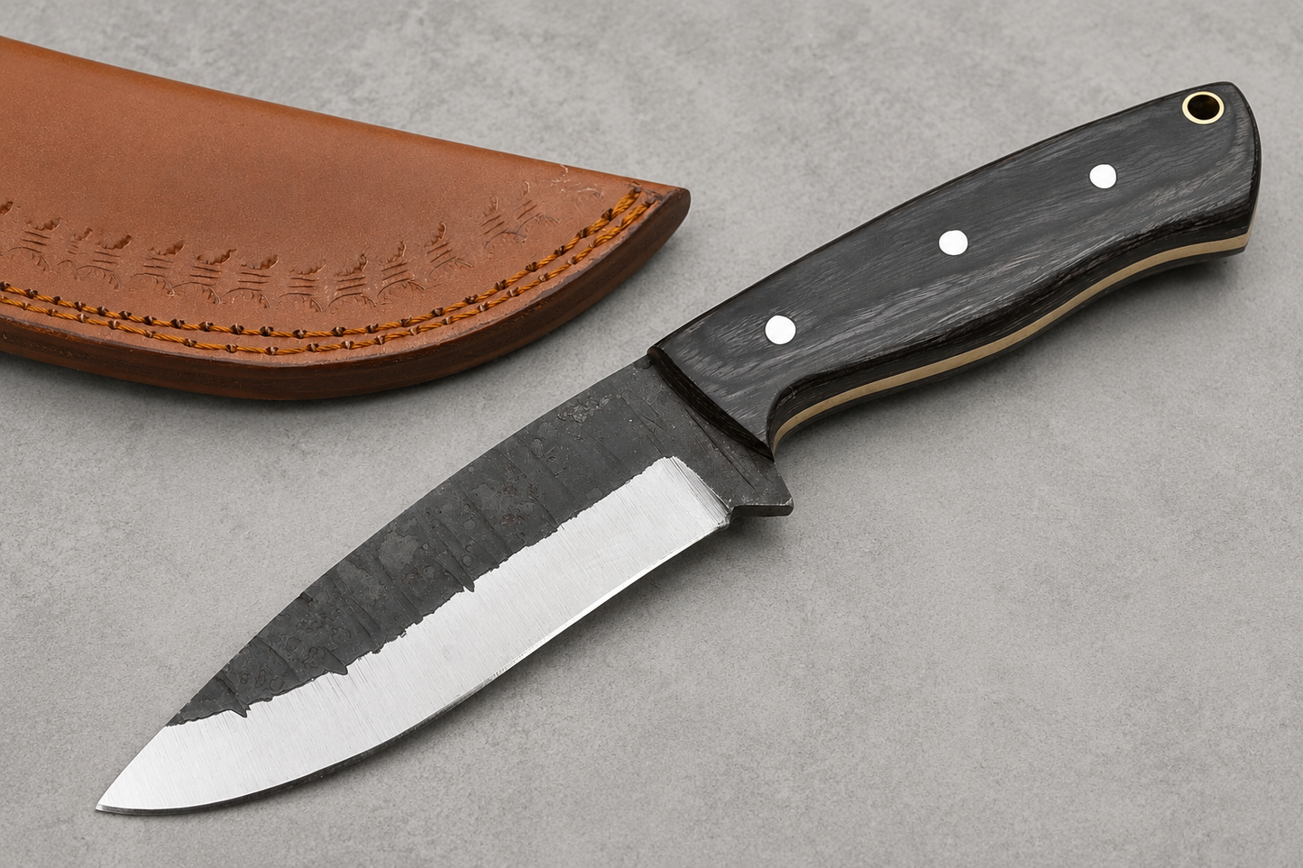 ForgeCraft Carbon Steel Knife – Hand Forged Blade with Stained Wood Handle & Leather Sheath