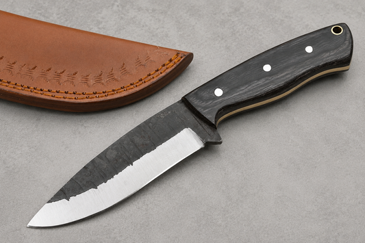 ForgeCraft Carbon Steel Knife – Hand Forged Blade with Stained Wood Handle & Leather Sheath