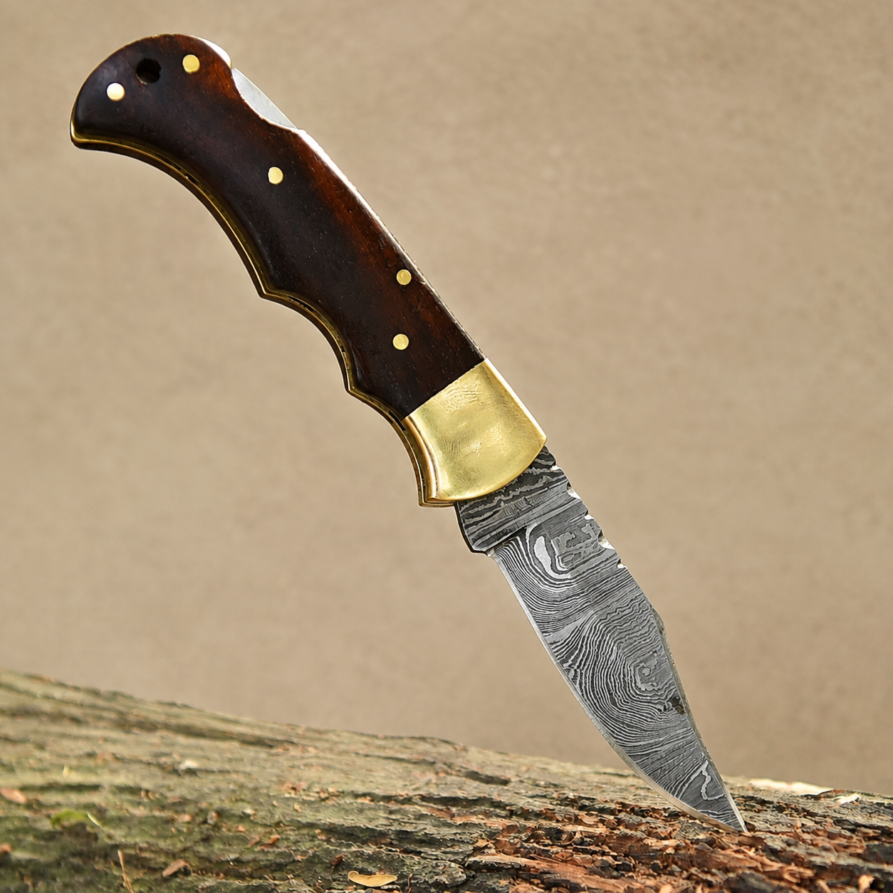 Hand Forged Damascus Steel Folding Pocket Knife with Espresso Wood Handle & Leather Sheath