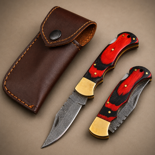 Crimson Oak Damascus Folding Knife – Red & Black Pakka Wood Handle, Brass Bolster & Leather Sheath