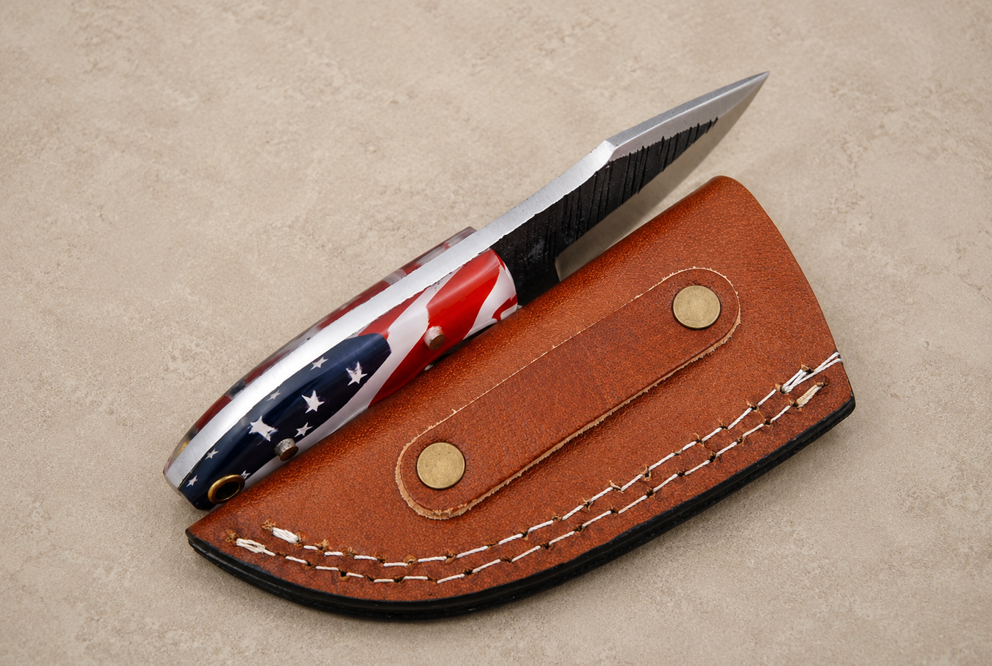 Patriot Forge Railroad Steel Utility Knife – Hand Forged Fixed Blade with American Flag Handle & Leather Sheath