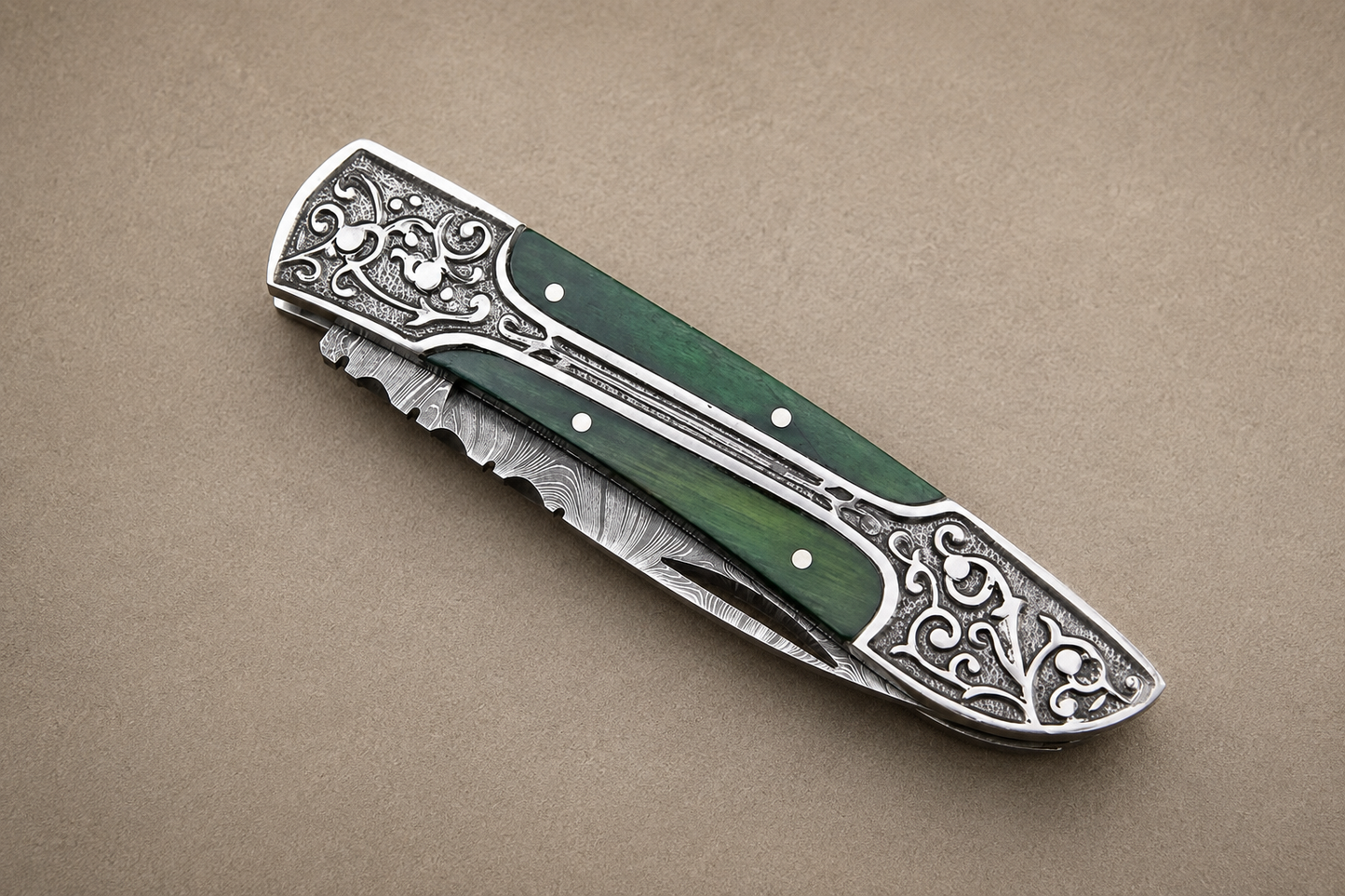 Hand Forged Damascus Steel Folding Pocket Knife with Wood Handle & Leather Sheath