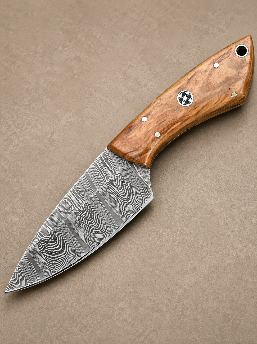 Trail Master Damascus Steel Utility Knife – 512 Layer Hand Forged Blade with Wood Handle & Leather Sheath