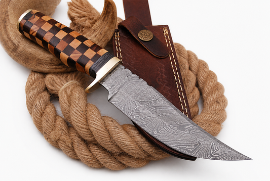 Hand Forged Damascus Steel Fixed Blade Knife – 9” Wood Handle with Brass Bolster (Full Tang)
