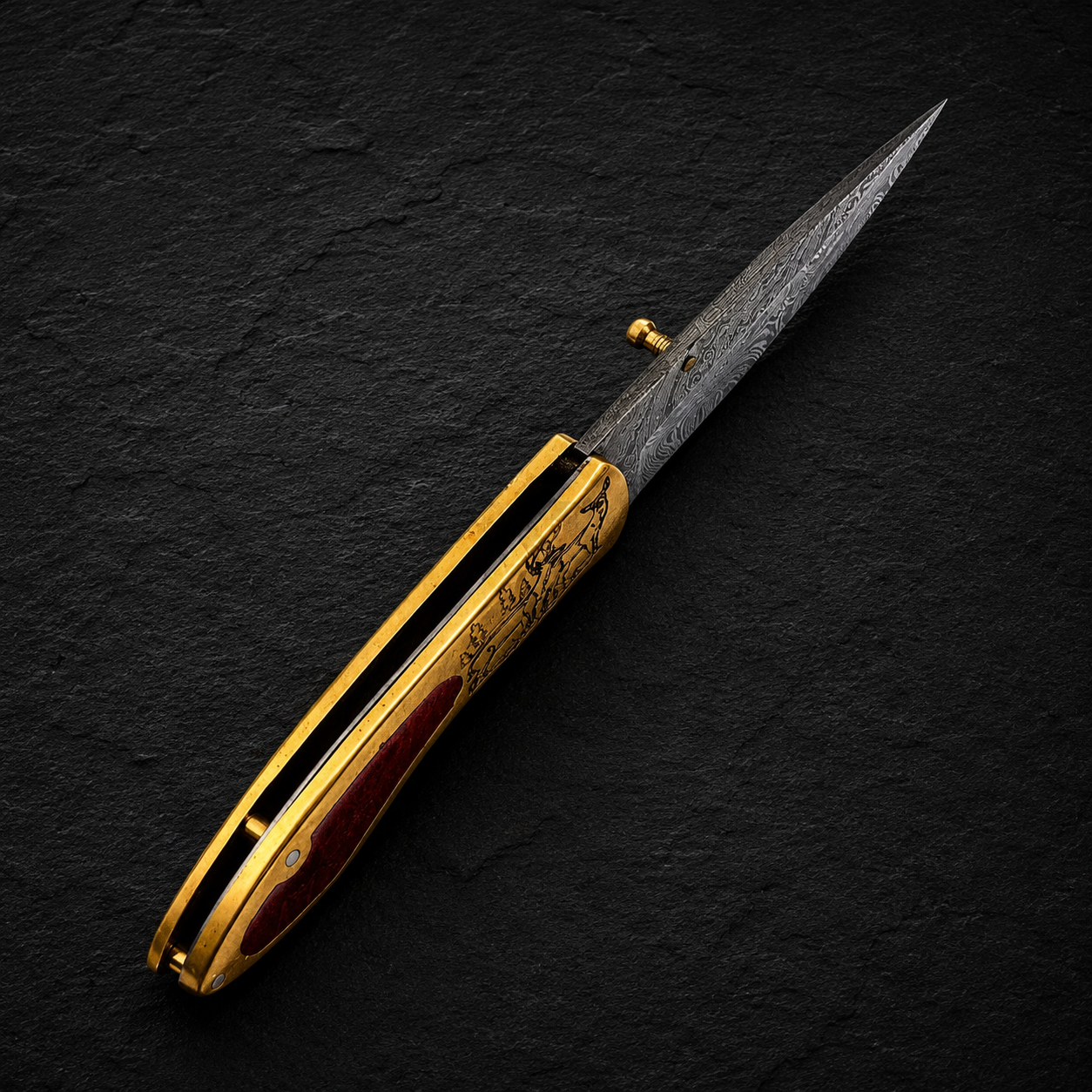 Brass Heritage Damascus Steel Folding Knife – 512 Layer Hand Forged Design with Resin & Brass Handle, Leather Sheath