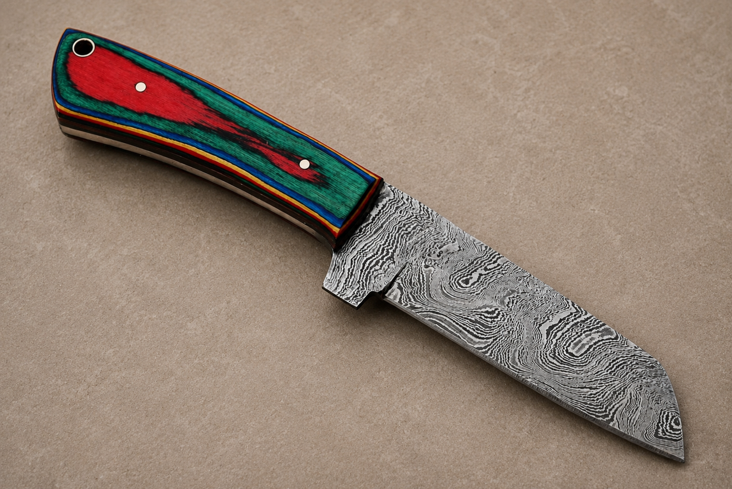 Hand Forged Damascus Steel Fixed Blade Tool with Wood Handle – Compact Utility Tool with Leather Sheath