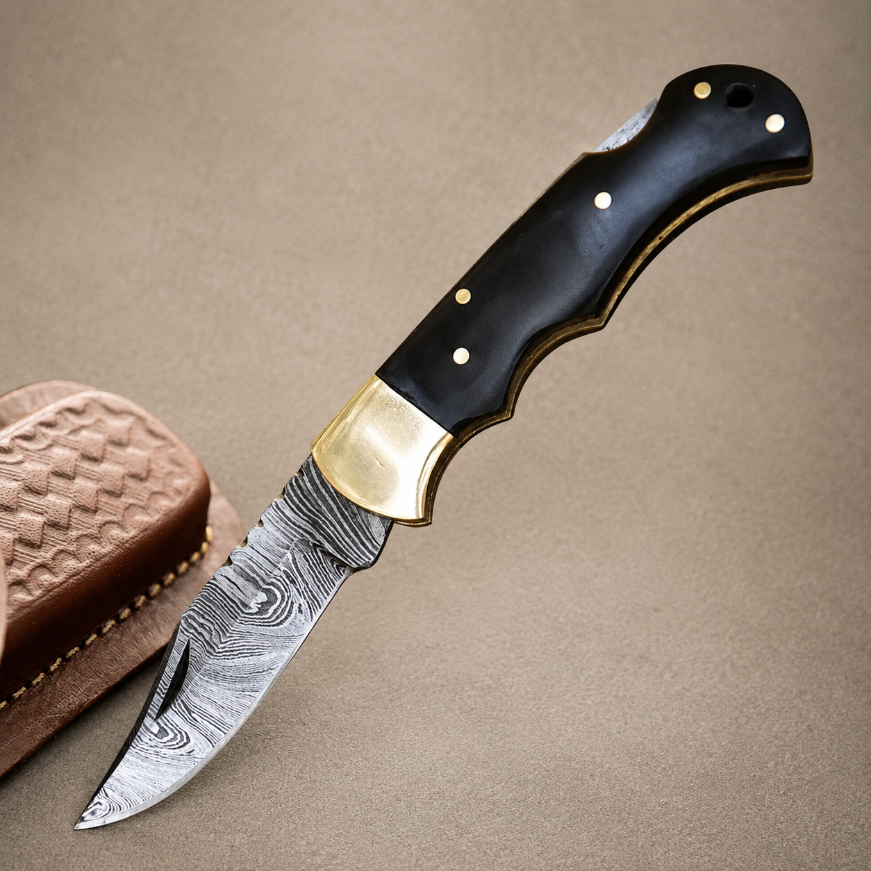 Hand Forged Damascus Steel Folding Pocket Knife with Bull Horn Handle