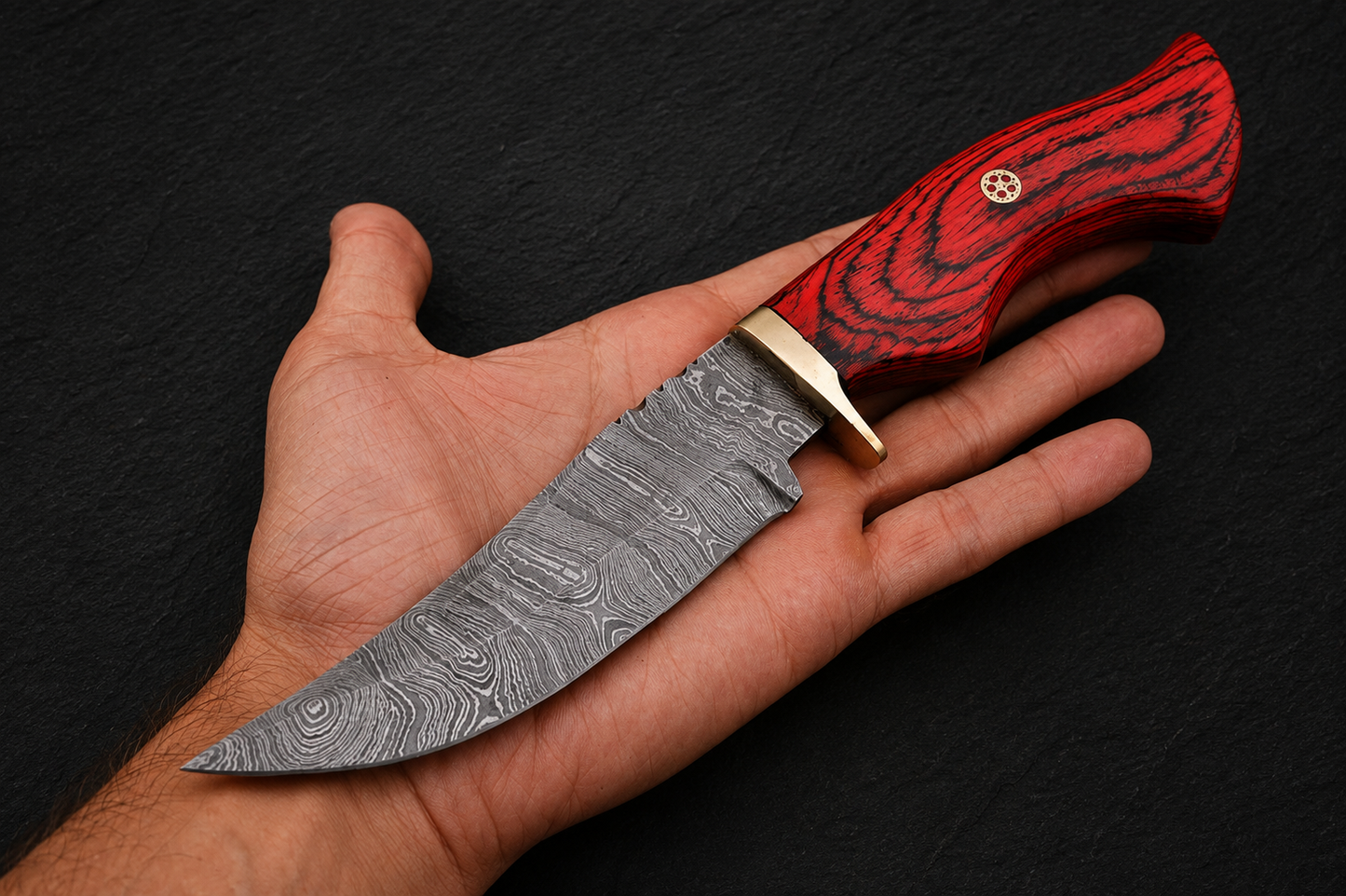 Timber Guard Damascus Steel Utility Knife – 512 Layer Hand Forged Fixed Blade with Stained Wood Handle, Brass Guard & Leather Sheath
