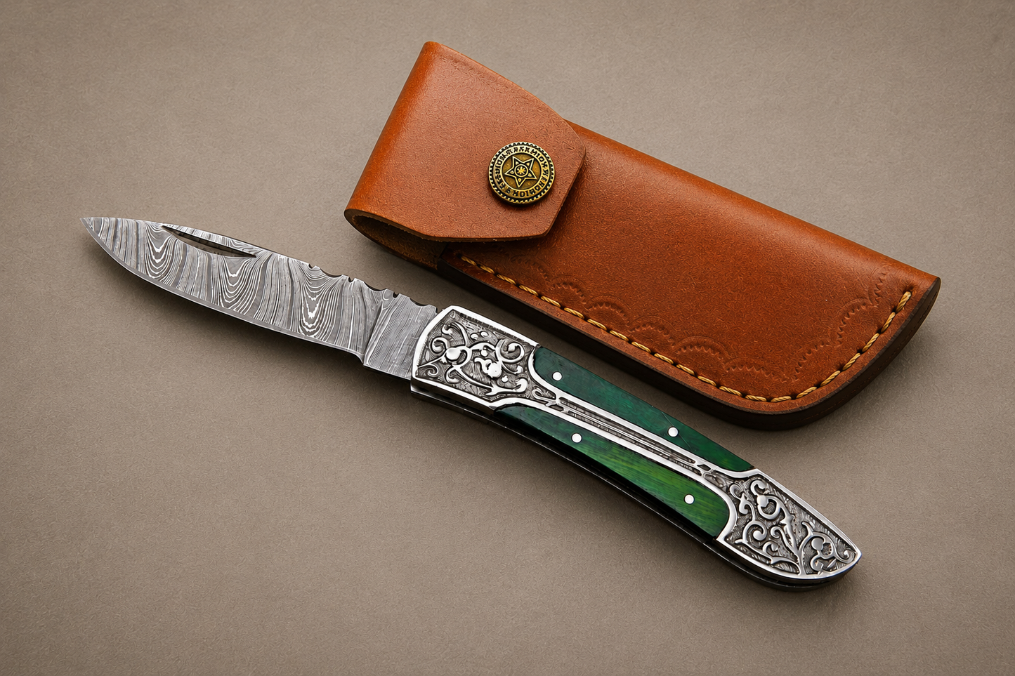 Hand Forged Damascus Steel Folding Pocket Knife with Wood Handle & Leather Sheath