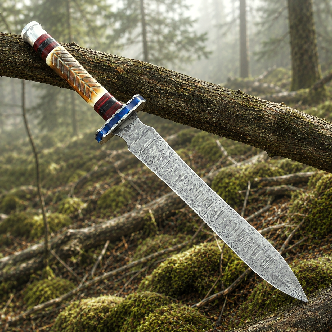 Custom Handmade Damascus Steel Medieval Collector Display Sword – Camel Bone Handle with Leather Sheath