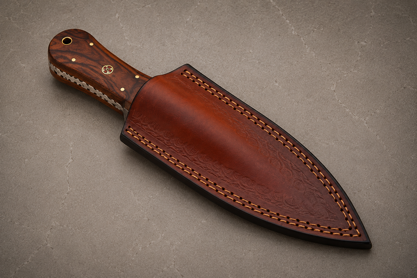 Timber Forge Damascus Steel Knife – 512 Layer Hand Forged Blade with Wood Handle & Leather Sheath