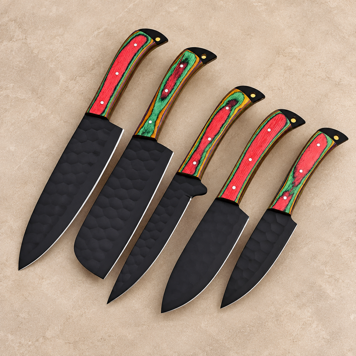 Custom Handmade Carbon Steel Chef Knife Set – 5 Piece Kitchen Knives with Leather Sheath