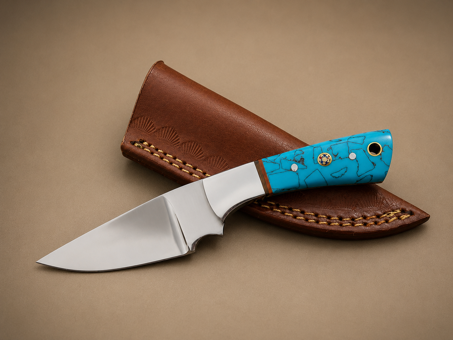 Handmade D2 Steel Fixed Blade Knife with Resin Handle & Leather Sheath – Mirror Polished Finish