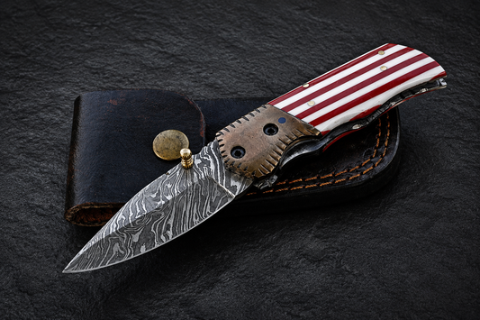 Copper Crest Damascus Steel Folding Knife – 512 Layer Hand Forged Design with Resin Handle, Copper Bolster & Leather Sheath