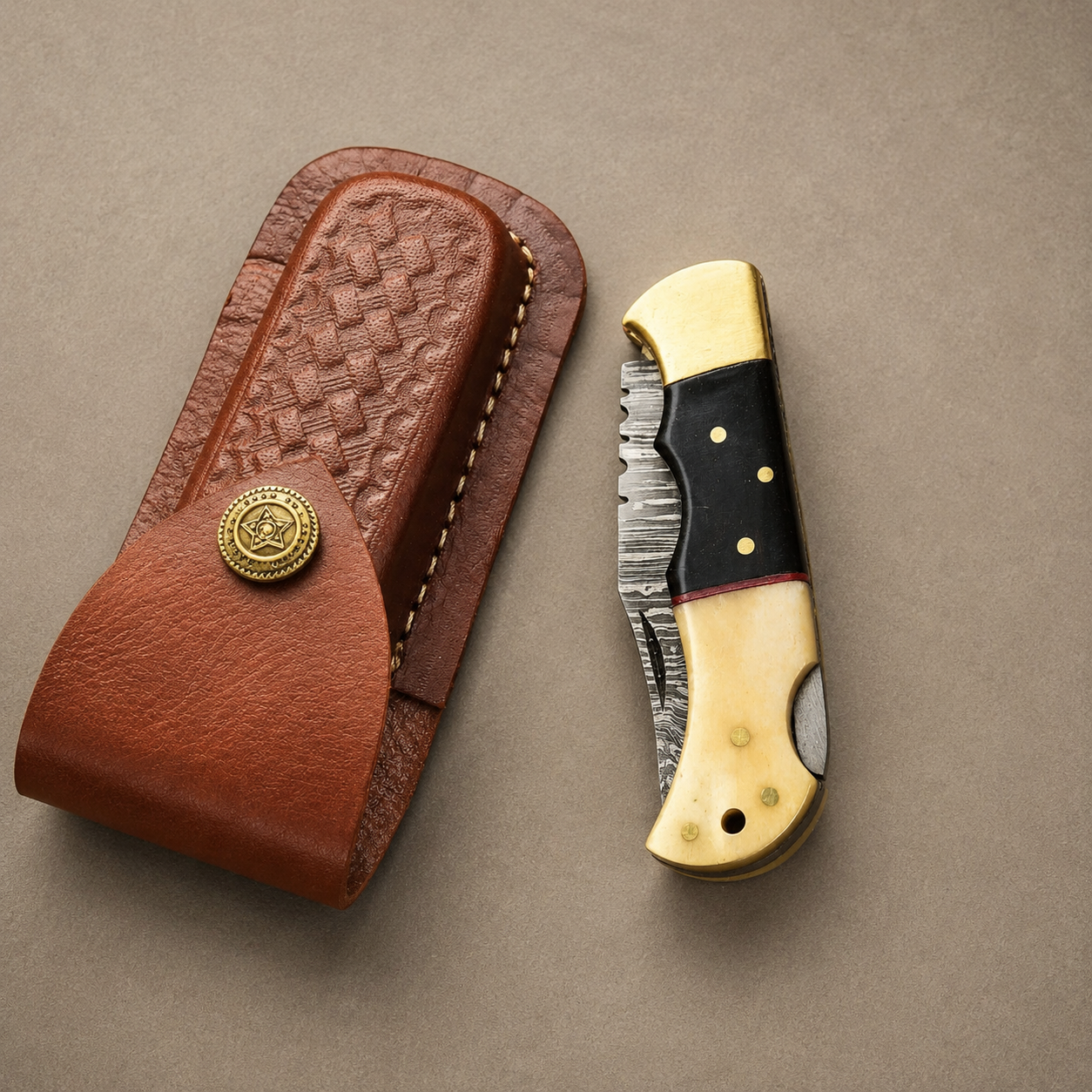 Hand Forged Damascus Steel Folding Pocket Knife with Leather Sheath