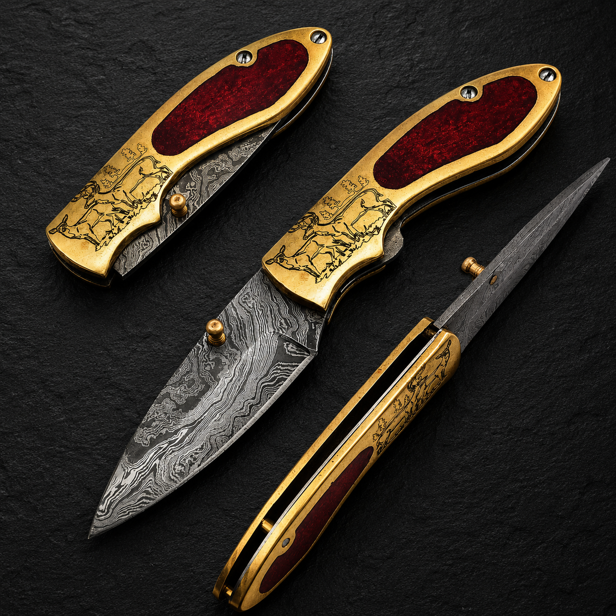 Brass Heritage Damascus Steel Folding Knife – 512 Layer Hand Forged Design with Resin & Brass Handle, Leather Sheath