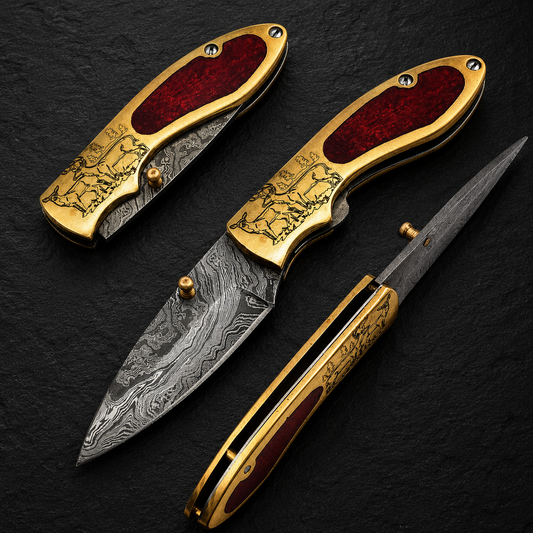 Brass Heritage Damascus Steel Outdoor Folding Pocket Knife – 512 Layer Hand Forged Design with Resin & Brass Handle, Leather Sheath