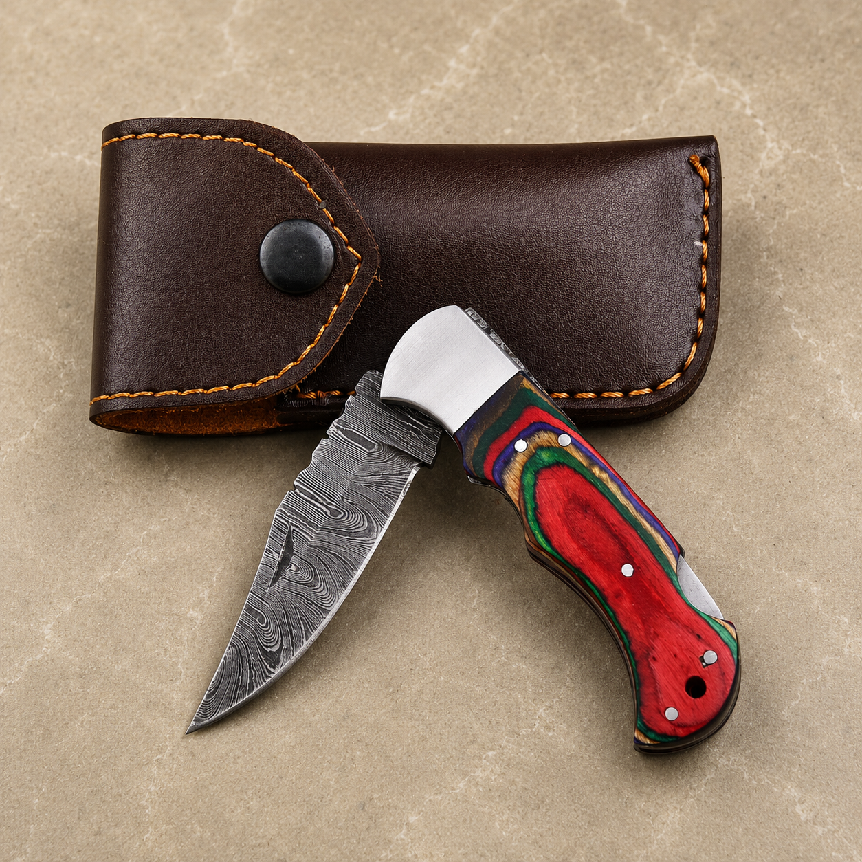 Classic Damascus Pocket Knife – Multi-Color Pakka Wood