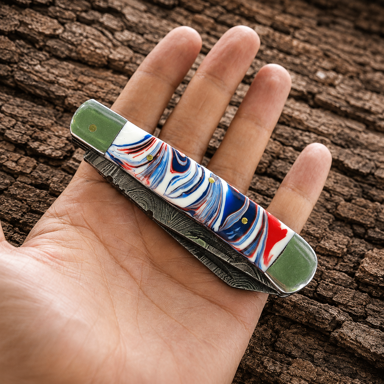 Custom Handmade Damascus Steel Double Blade Folding Utility Knife – Premium Trapper Style EDC with Leather Sheath