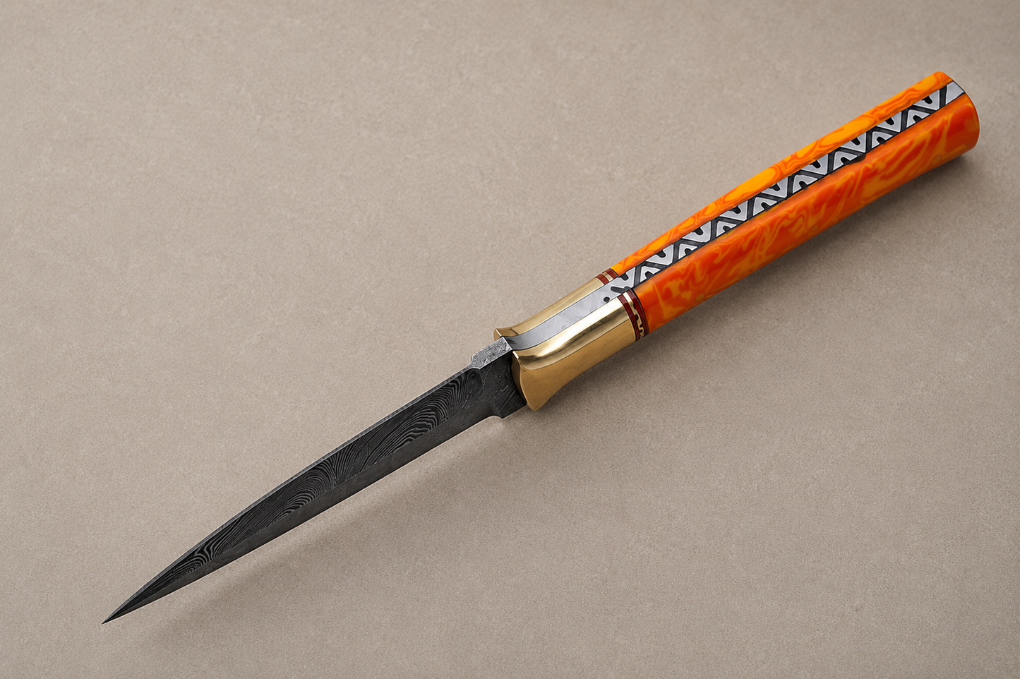 Ember Crest Damascus Steel Knife – 512 Layer Hand Forged Blade with Resin & Brass Handle and Leather Sheath