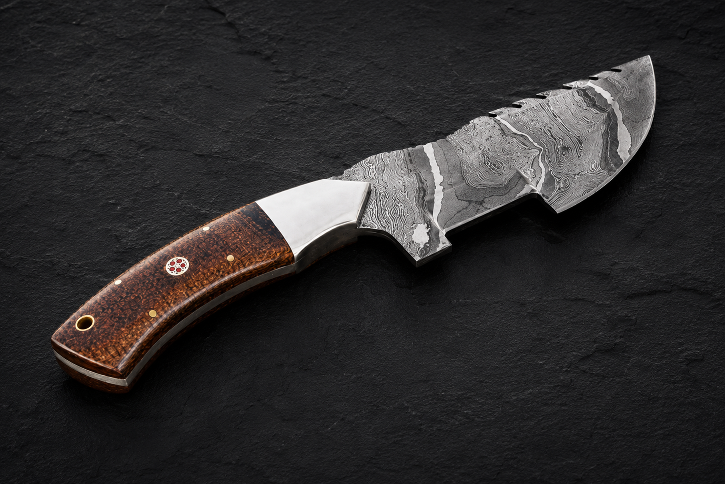 Summit Track Damascus Steel Utility Knife – 512 Layer Hand Forged Fixed Blade with Micarta Handle & Leather Sheath