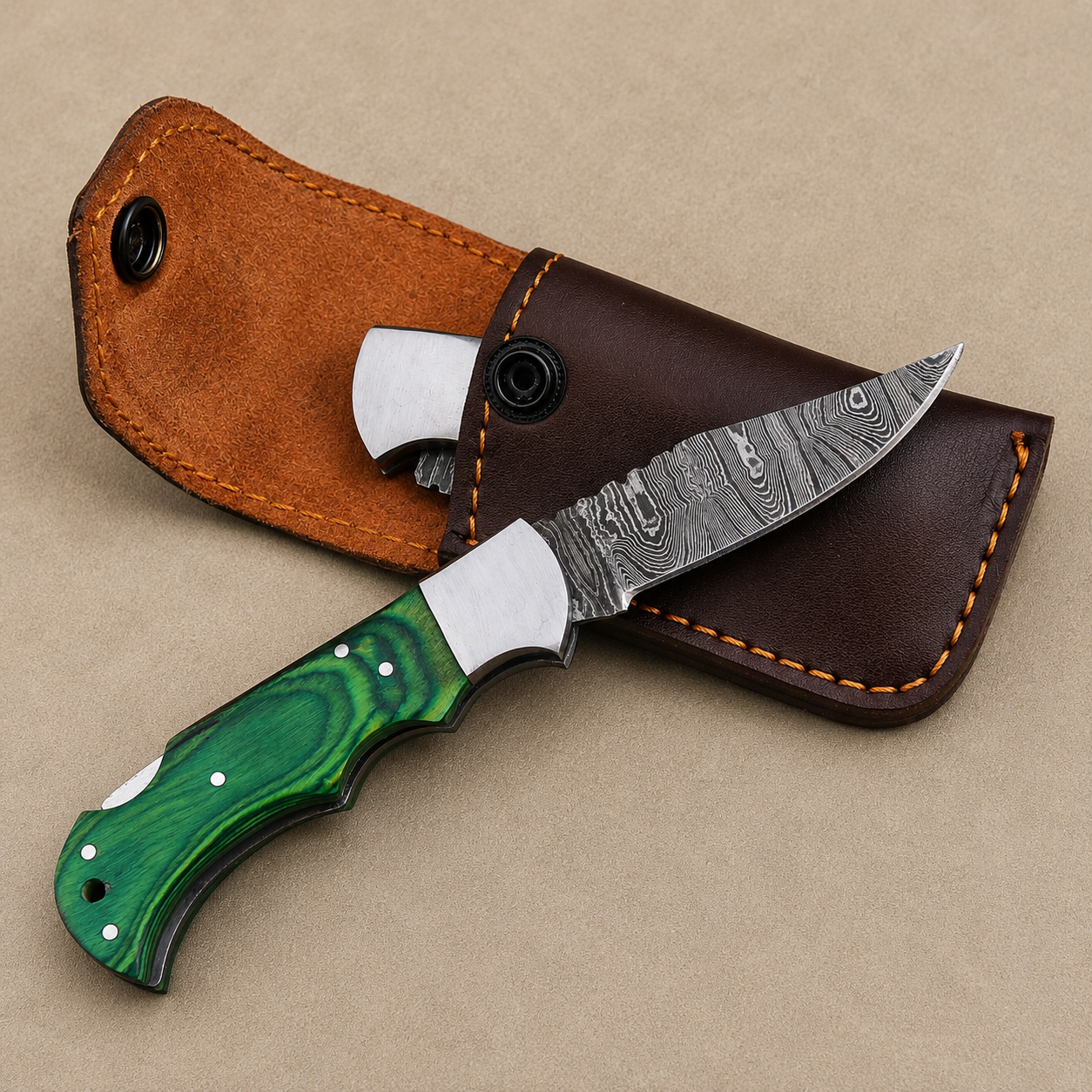 Artisan Folding Damascus Steel Knife – Premium Wood Handle | Steel Bolster |Green Handle| Classic Lock back