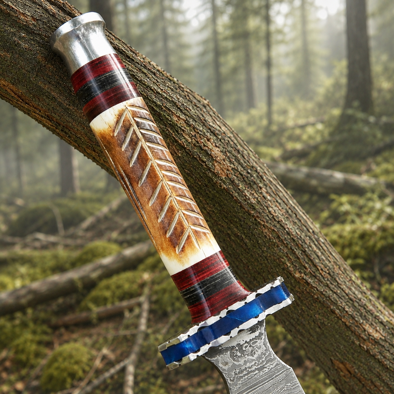 Custom Handmade Damascus Steel Medieval Collector Display Sword – Camel Bone Handle with Leather Sheath