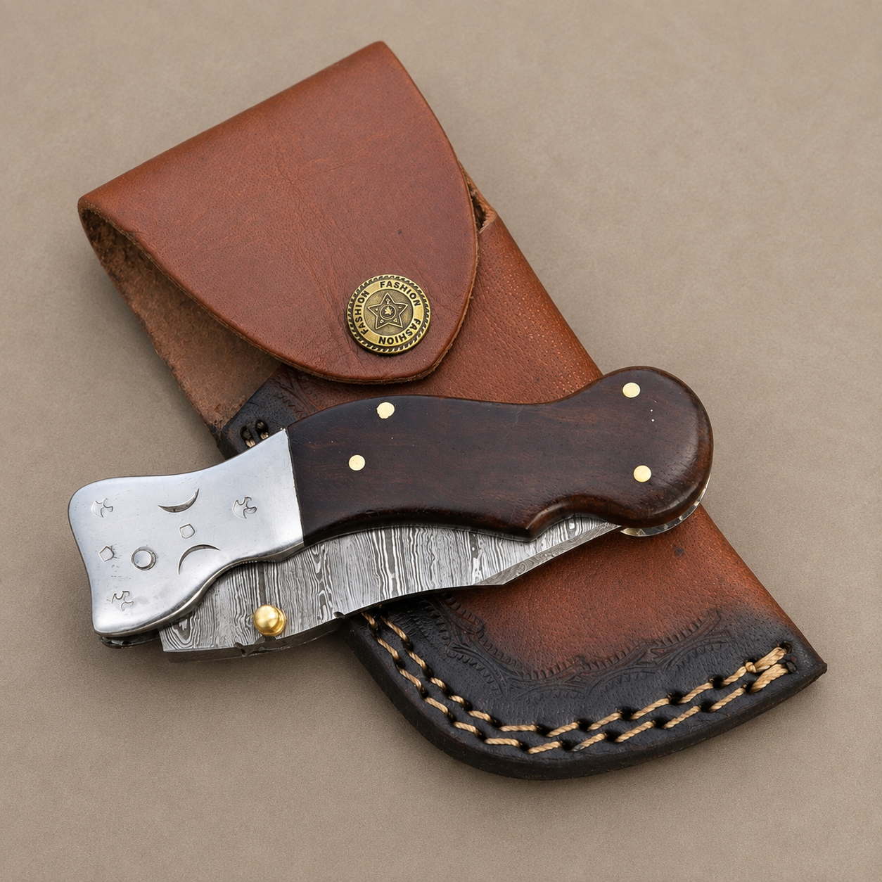 Hand Forged Damascus Steel Folding Pocket Knife with Wood Handle