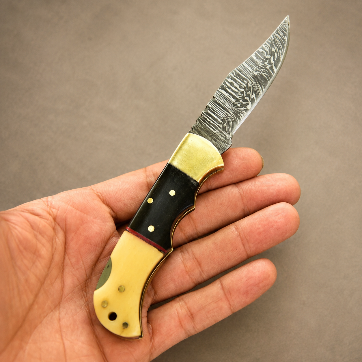 Hand Forged Damascus Steel Folding Pocket Knife with Leather Sheath