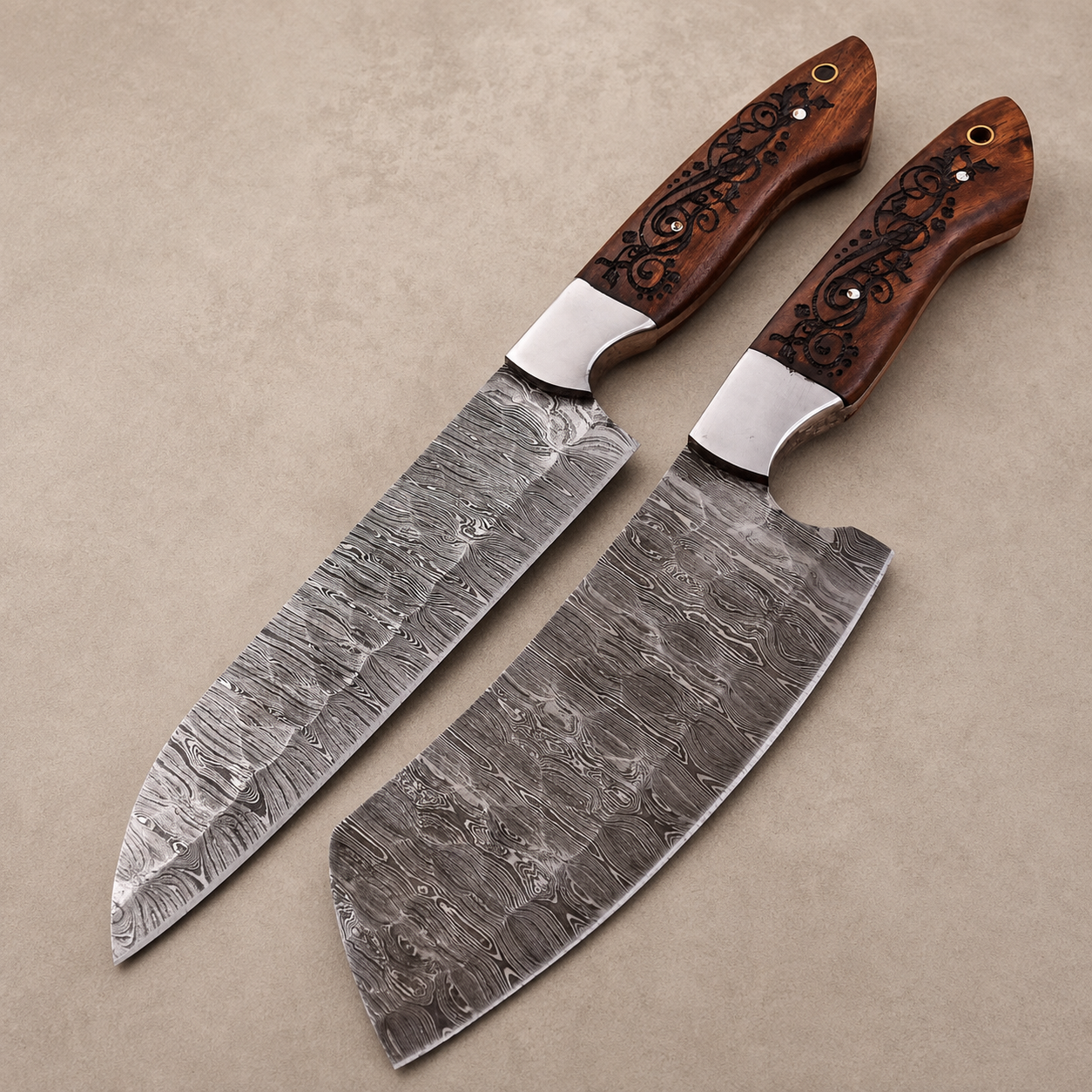 Hand Forged Damascus Steel Chef Knife Set – 2 Piece Kitchen Knife Set with Wood & Steel Bolster Handles (512 Layers)