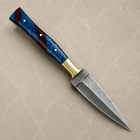Brass Ridge Damascus Steel Knife – 512 Layer Hand Forged Blade with Resin Handle & Leather Sheath