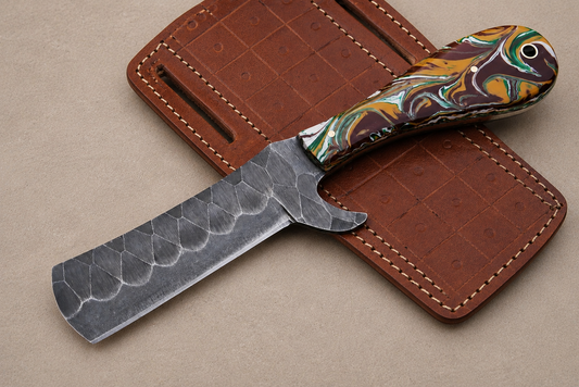 Hand Forged Fixed Blade Knife – Handmade Railroad Steel Knife with Resin Handle & Leather Sheath