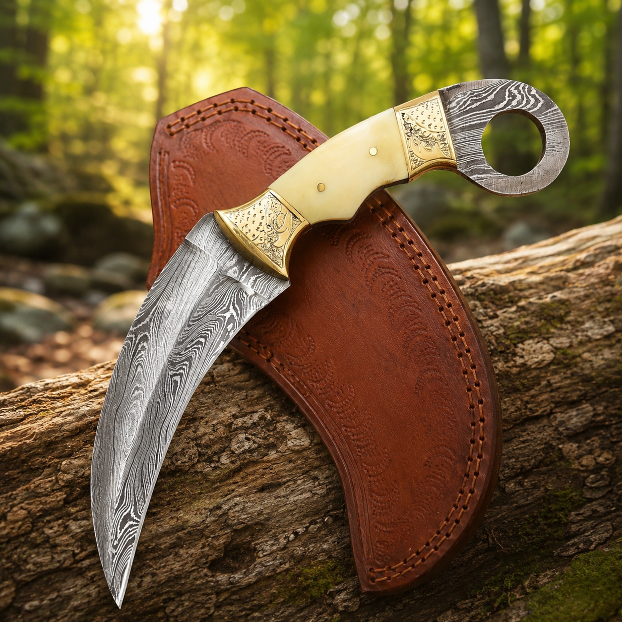 Handmade Damascus Steel Curved Fixed Blade Knife – Camel Bone Handle & Engraved Brass Bolster | Leather Sheath Included