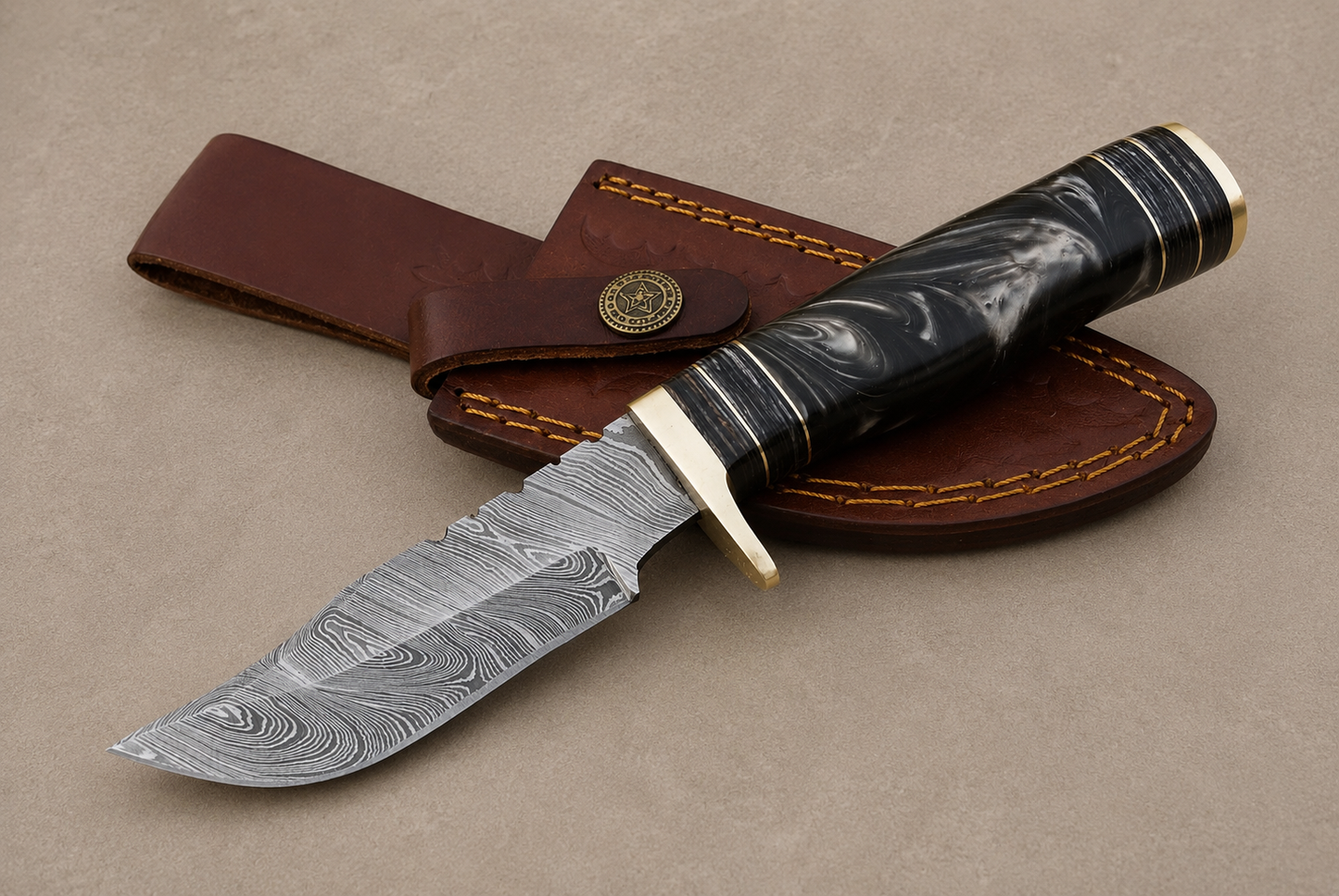Forge Crest Damascus Steel Utility Knife – 512 Layer Hand Forged Blade with Resin Handle, Brass Guard & Leather Sheath