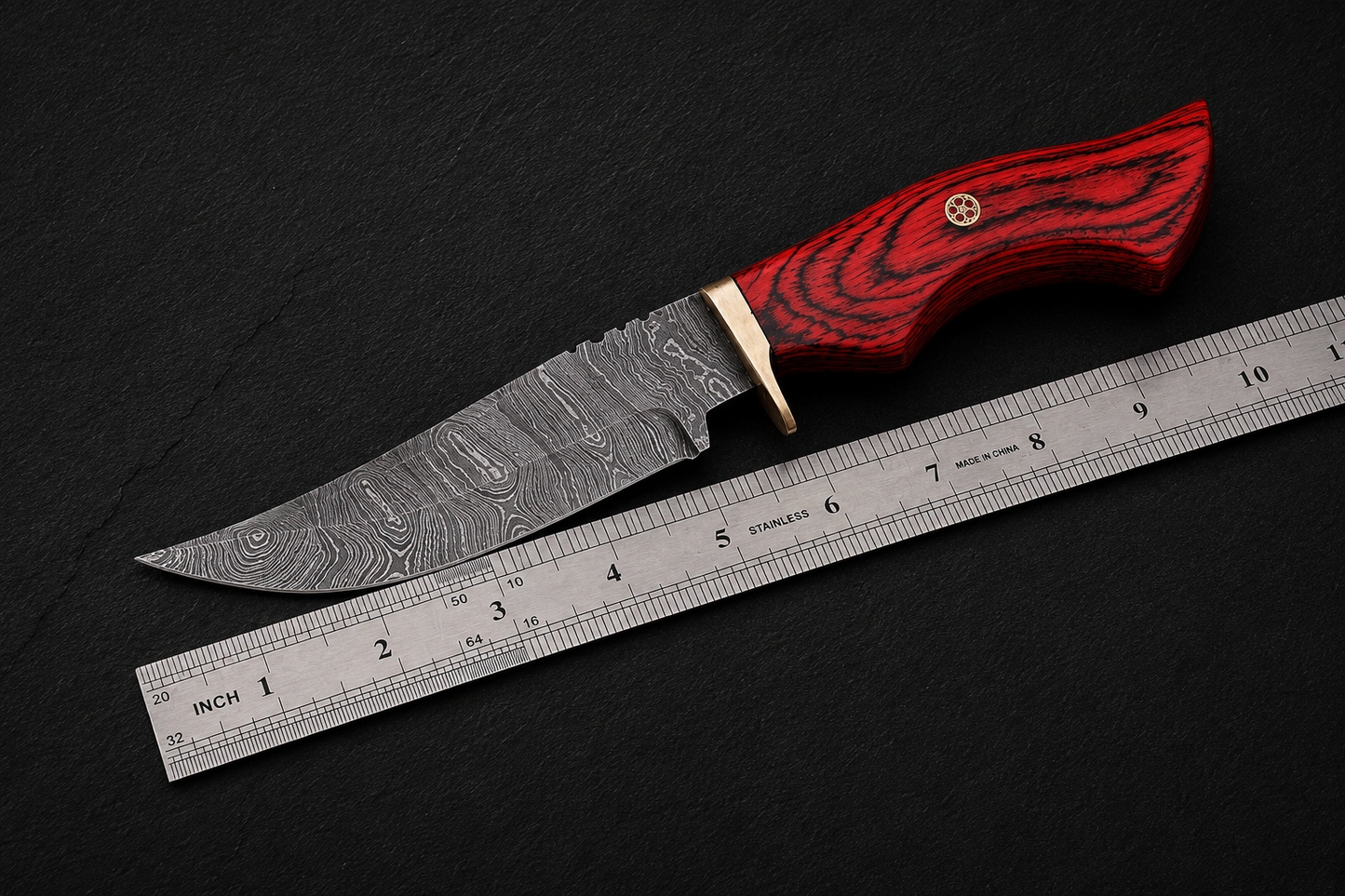 Timber Guard Damascus Steel Utility Knife – 512 Layer Hand Forged Fixed Blade with Stained Wood Handle, Brass Guard & Leather Sheath