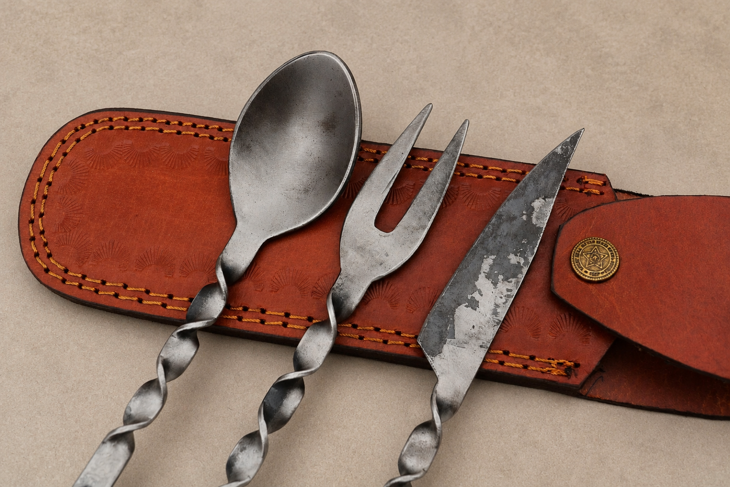 Hand Forged Medieval Feasting Utensil Set with Leather Pouch (3 Pieces)