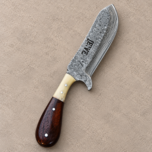 Hand Forged Damascus Steel Fixed Blade Knife with Natural Horn Handle & Leather Sheath