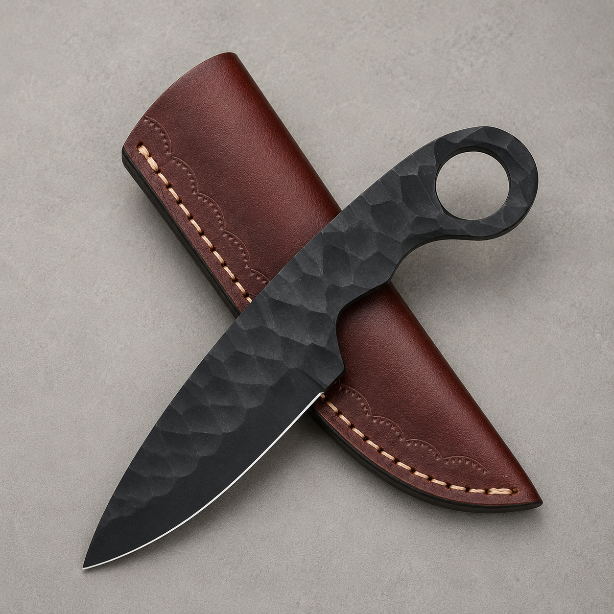 Diamond Forge J2 Steel Knife – Powder Coated Fixed Blade with Leather Sheath