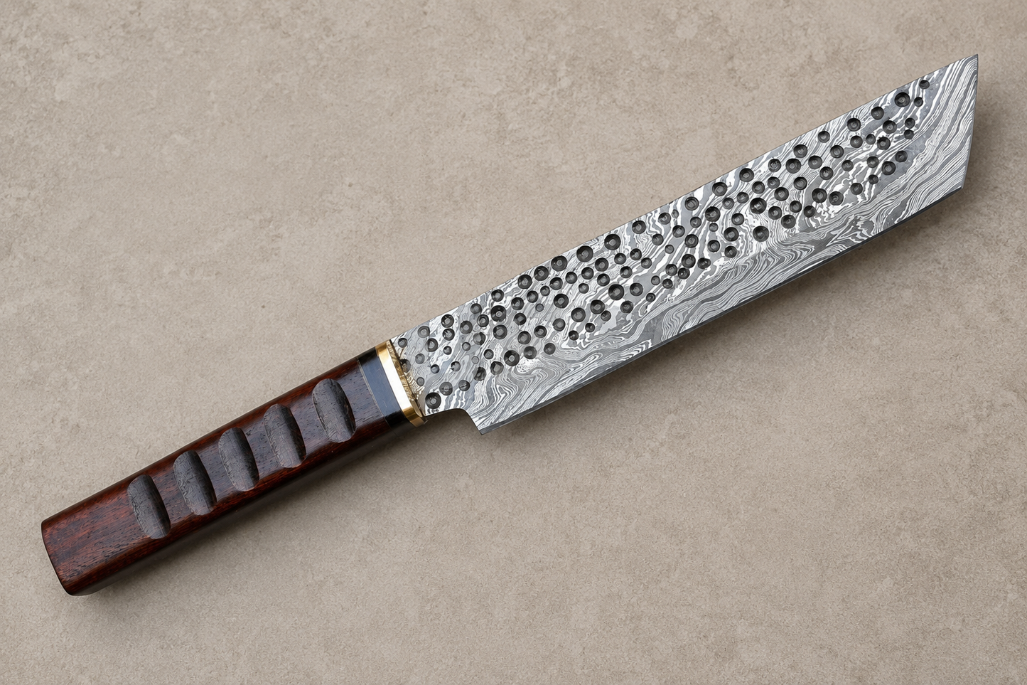Frostwood Damascus Tanto Chef Knife – 512 Layer Hand Forged Kitchen Knife with Frost Wood Handle, Brass Guard