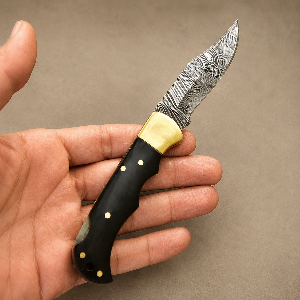 Hand Forged Damascus Steel Folding Pocket Knife with Bull Horn Handle