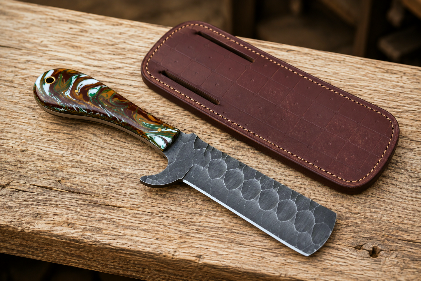 Hand Forged Fixed Blade Knife – Handmade Railroad Steel Knife with Resin Handle & Leather Sheath