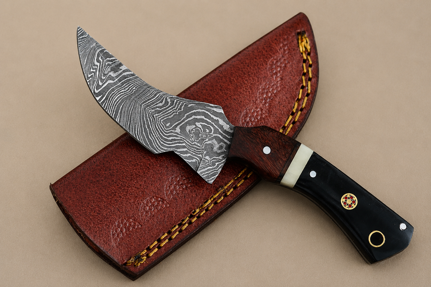 Hand Forged Damascus Steel Fixed Blade Utility Knife with Wood & Horn Handle