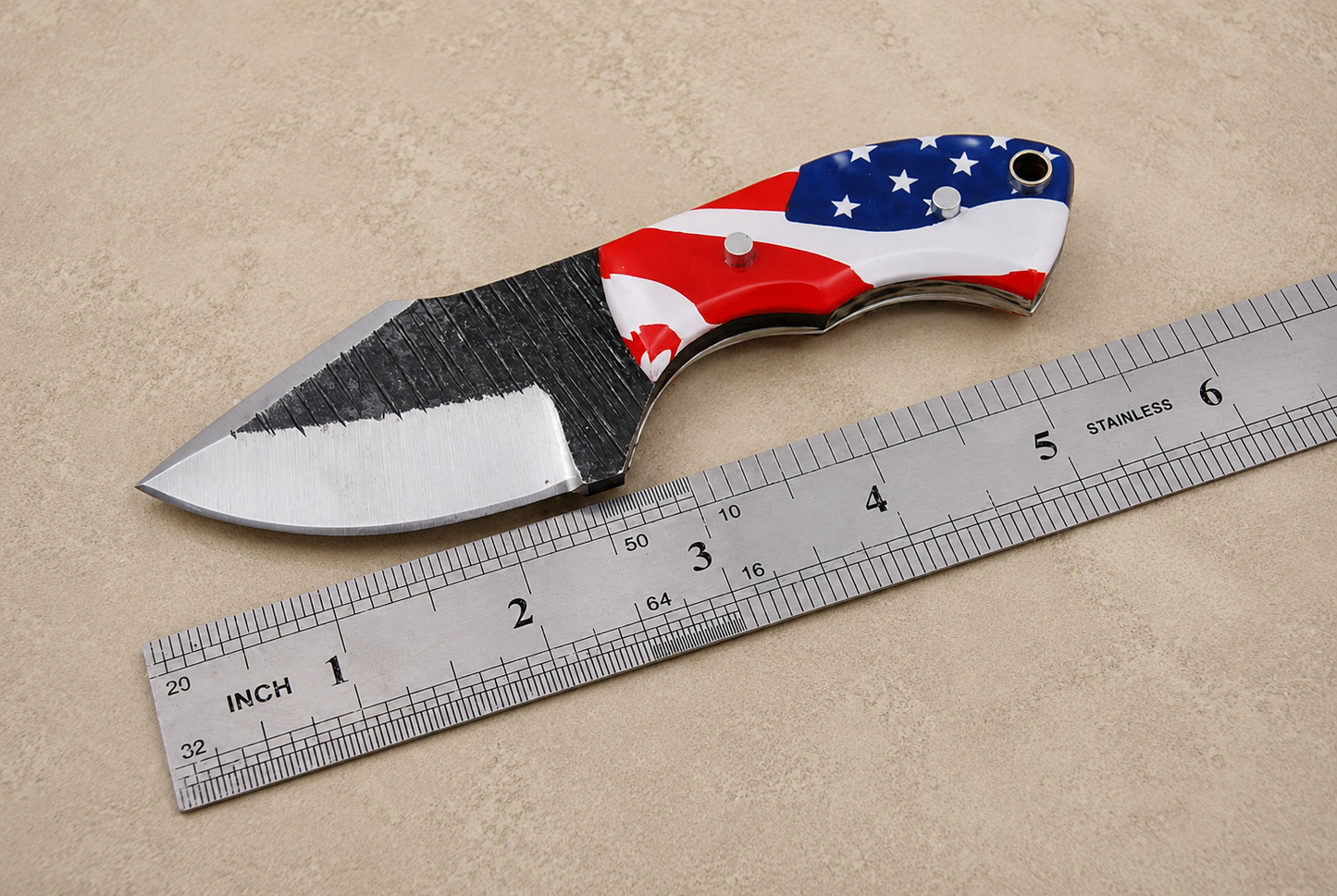 Patriot Forge Railroad Steel Utility Knife – Hand Forged Fixed Blade with American Flag Handle & Leather Sheath