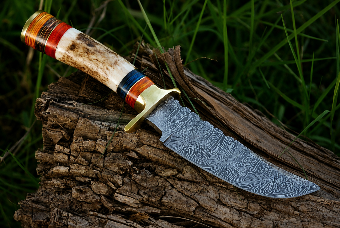 Hand Forged Damascus Steel Outdoor Knife with Stag Handle & Brass Guard – 512 Layers Knife with Leather Sheath