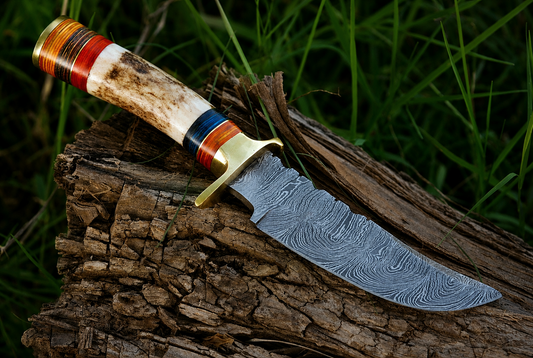 Hand Forged Damascus Steel Outdoor Knife with Stag Handle & Brass Guard – 512 Layers Knife with Leather Sheath