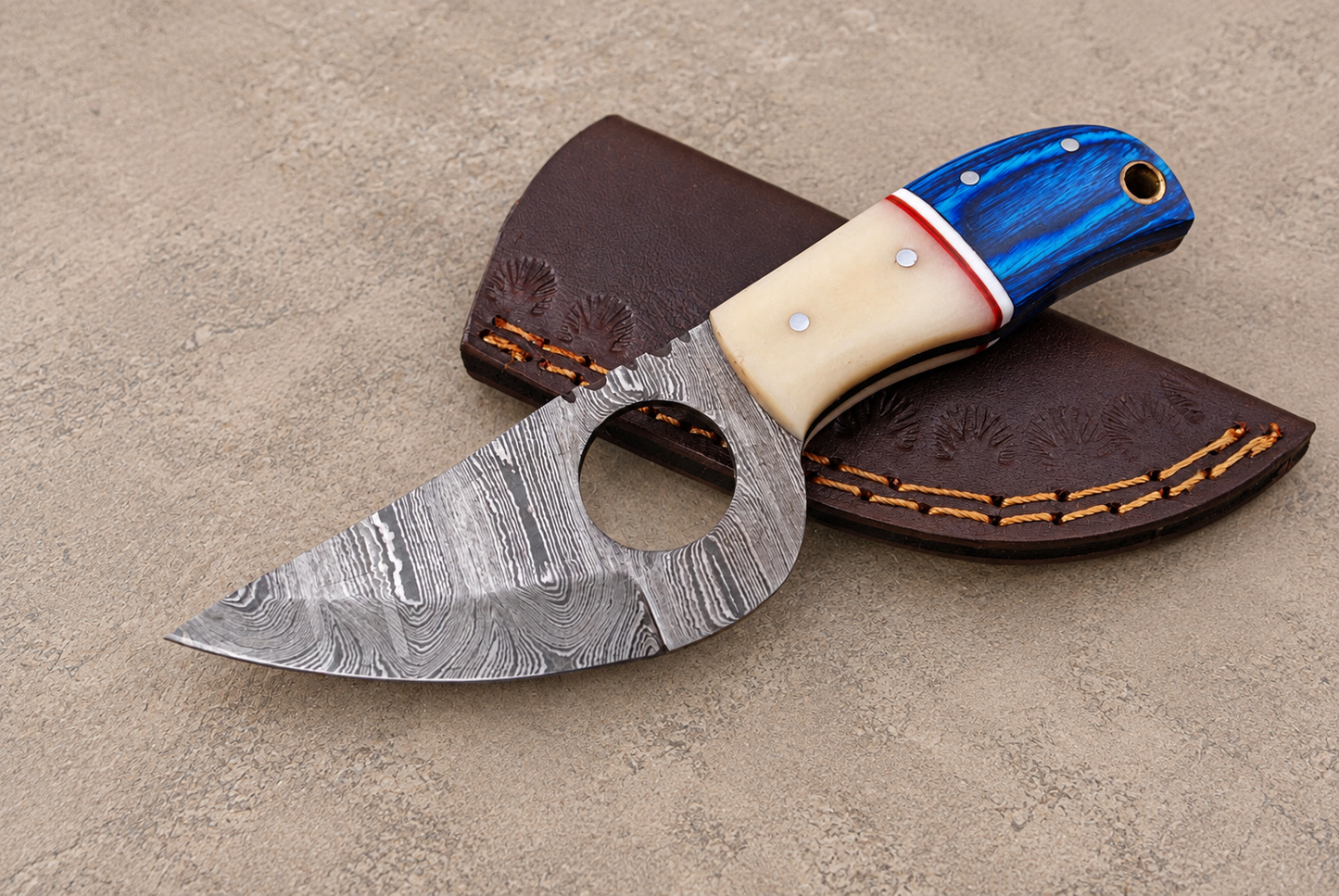 6-Inch Hand Forged Damascus Steel Knife with Bone & Wood Handle – Leather Sheath